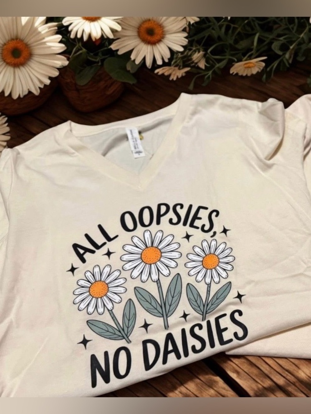 All Oopsies No Daisies Graphic V-Neck Tee - Cream with Daisy Print
